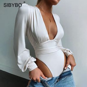 Sibybo Siyah V Boyun Seksi Bodysuit Kadın Puf Sleep Bodycon Kısa Tulum Vücut Femme Yaz Günlük Partisi Bodysuits Vücut Tops 220801