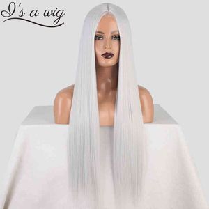 I's a Wig Long Straight Grey Synthetic 28inches Middle Part Cosplay Blonde Orange Color for Women Heat Resistant Fiber 220622