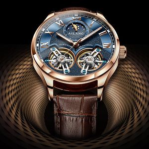 Нарученные часы Классические двойные маховики турбильон автоматические часы луна фаза Механические мужские часы кожаный ремешок розовое золото Reloj Hombre 2022