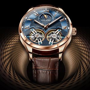 Orologi da polso Classic Double Flywheel Tourbillon Orologio automatico Moon Phase Meccanico Orologi da uomo Cinturino in pelle Oro rosa Reloj Hombre 2022