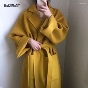 Women's Wool & Blends 2022 Autumn Winter Large Lapel Collar Casual Long Loose Yellow Blend Trench With Wide Sash Coat Tie Bow Belt Outerwear