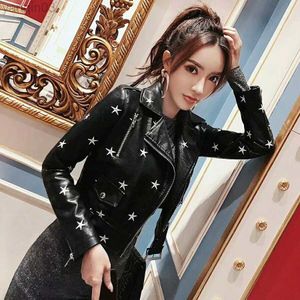 Новый 2022 Slim Fit Women Casual PU кожаные мотоциклетные куртки панк принт стильные пальто L220801