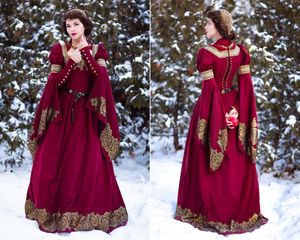 Fantasia élfica vestido de baile vintage retrô manga longa renda dourada gótico traje estilo Tudor Fada Renascentista vestido de noite faire