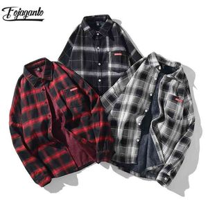 FOJAGANTO MARKA MARKA MĘŻCZYZNA Koszulki Plaid Koszulki jesień męski z długim rękawem ciepłe polarowe podszewka Płaszcz Koszulki Casual Gruste Tops 210331