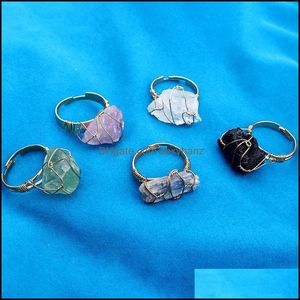 Band ringar smycken naturlig kristall sten ring irregar tråd wrap kvinnor män läker ametister fluorit guldfärg resizable quar dhhxt