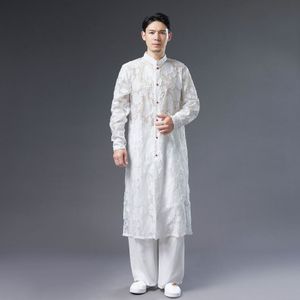 Party performance singer men's stage wear Cotton silk robe Chinese traditional clothing male cheongsam long sleeve Chinese tang suit for men