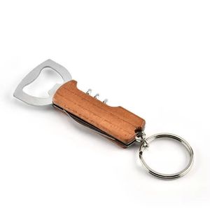 Openers Wooden Handle Bottle Keychain Knife Double Hinged Corkscrew Stainless Steel Key Ring Opening Tools Bar