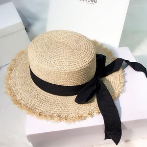 Szerokie grzbiet kapeluszy damskie letnie czapkę słoneczną surową płaską top 100% rafia słomka żeńska kokardka filta przeciwsłoneczne na plaży wycieczka 2022