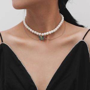 Vintage-Perlen-Perlen-Halskette mit buntem Schmetterlings-Tennis-Ketten-Halsband für Damen, modischer Y2K-Ästhetik-Schmuck, Accessoires, Mutter-Geschenke, Geburtstag für Damen
