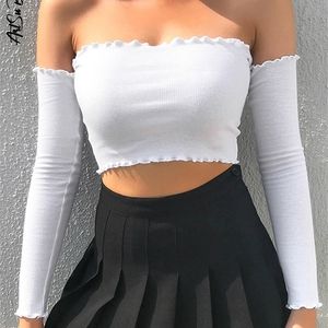 Uzun Kollu Üst Korse Kadın Kapalı Omuz T-Shirt Yılı Beyaz Mahsul Güz Kış Seksi Katı Tees Streetwear Y2K Giysileri 220328