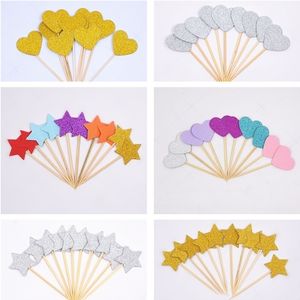 40 stücke Kuchen Flagge Goldene Herz Stern Cupcake Topper Baby Dusche Geburtstag Party Dekorationen Kinder Hochzeit Dekoration Y200618