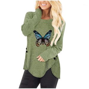 Женские зимние рубашки дна 2022 Butterfly Print Hoodies Hell Нерегулярная кнопка с длинным рукавом O-образным вырезом Plus Blousous для размера # YL10 Женские поты