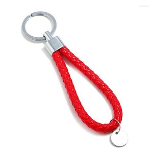 Keychains Trendy Braided Leather Rope Car Key Chain Male Female Couple Keychain Small Disc Charm Simple Keyring Pendant Accessory Jewelry Mi