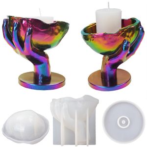 Titulares de vela Epoxy Resina Mão do crânio Candlesticks Caixa de armazenamento Storage Silicone Mold Veller Decoração Decoração de Halloween Decoração de Halloween