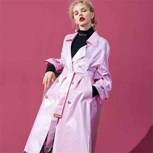 Lautaro Pink Long Patent Leather Trench Coat for Women Long Sleeve Double Breasted Overized High Fashion Womens Clothing 210908