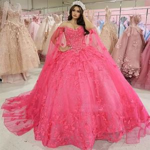 Watermelon Quinceanera Dresses with Wrap Embroidery Butterfly Appliques Sweet 15 Gown Glitter Princess Vestidos De XV Anos