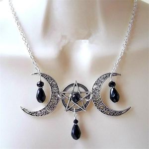 Pendant Necklaces Gothic Halloween Ornament Witch Black Red Triple Moon Pentagram Water Drop Gemstone NecklacePendant