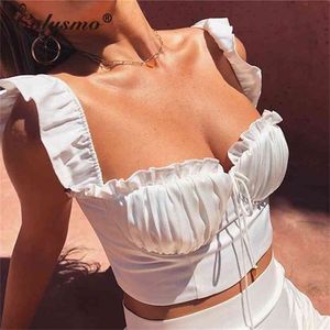 Colysmo White Tops Mulheres podem sair do ombro Sexy Crop Top Summer Summer Ruffles Drape Ruched Lace Up Casual Cropped 210401