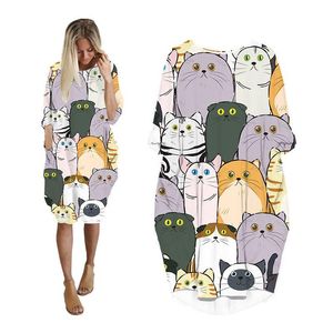 Casual Dresses Us Size Midi Dress Woman Animal Cartoon Cat D Printed Fashion Pocket Harajuku långärmad gata Stil Kvinnor