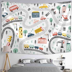 City Road Cartoon Illustration Mattvägg Hängande Boho Hippie Tapiz Bedroom Kawaiis rum Heminredning J220804