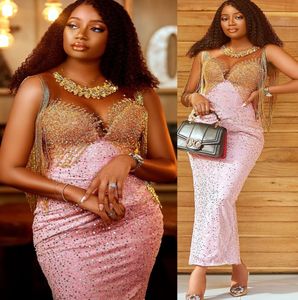 2022 Plus Size Arabisch Aso Ebi Rosa Luxuriöse glitzernde Ballkleider Sheer Neck Abend formelle Party Zweiter Empfang Geburtstag Verlobungskleider Kleid ZJ362