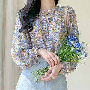 Women Spring Autumn Style Blouses قميص أزهار أنيقة زر V-Neck طباعة قمم طويلة غير رسمية 210226