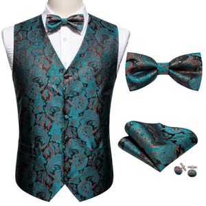 Men's Vests Fashion Teal Floral Silk Vest Waistcoat Men Suit Butterfly Handkerchief Cufflinks BowTie Barry.Wang Business DesignMen's