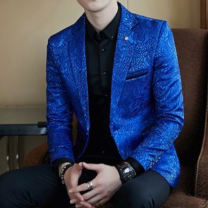 Rose Jaquard Print Slim Fit Blazer Royal Blue Black Promo Blazer For Men Stylish Blazer Business Casual Party Wedding Suit Coat 201104