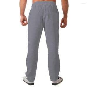 Calça masculina de linho casual masculino as calças de praia de ioga de verão solto pernas retas de cordas elásticas na cintura nom22