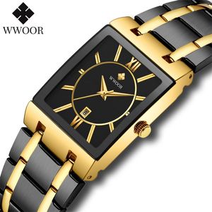 Wwoor Brand Luxury Gold Armband Mäns Klockor Fashion Square Quartz Armbandsur för Män Rostfritt Stål Vattentät Reloj Hombre 220407