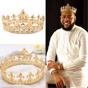 Barok Vintage Royal King Taç Erkekler İçin Tam Yuvarlak Şerit Büyük Altın Tiaras ve Taçlar Balo Kostümü Saç Aksesuarları Erkekler H220414