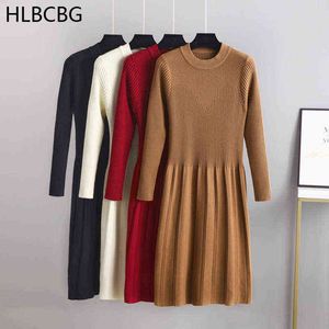 HLBCBG NOVO Pure Autumn Winter O-gola O básico Slim A-Line Dress Long Dress Feminino feminino Maix Robe Elegant T220804