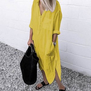Elegant Long Shirt Dress With Buttons Pockets Lady Fashion Summer Autumn Sleeve Casual Simple Pure Color Split S 4XL 220613