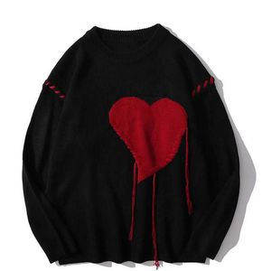 Harajuku Women's love pattern knitted ugly sweater men letter punk rock black red gothic vintage sweater women cute pullover