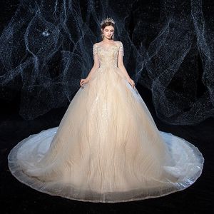 Other Wedding Dresses Dress 2022 Luxury Champagne Sequins O-neck Brush Train Lace Up Ball Gown Princess Gowns Custom Size