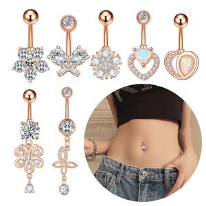 New Zircon Navel Ring Nail Body Piercing Jewelry Women Flower Heart Butterfly Stainless Steel 14G Bar