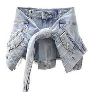 DEAT Moda Donna Slim Blu Patchwork Made Old Washed Pantaloncini di jeans a vita alta in due pezzi finti Estate e autunno 7E7052 220427