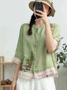 Women's Blouses & Shirts Tree Embroidery Coffee Green Spring Fall Women Tops Ruffle Sleeve Buttoned Cotton Linen Blouse Korean Casual Office