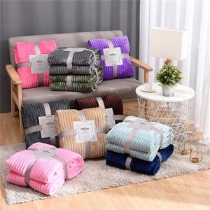 Soft Fluffy Striped Flannel Blankets For Beds Solid Coral Fleece Plush Throw Winter Bed Linen Sofa Cover Bedspread Blankets T200901