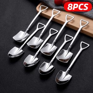 4 8PCS Shovel Spoons Stainless Steel TeaSpoons Creative Coffee Spoon For Ice cream Dessert Scoop Tableware Cutlery set 220509