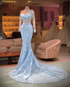 Elegant Light Blue Mermaid Evening Dresses Long Sleeves High Neck Lace Prom Gowns Sequin Beading Women Party Wear