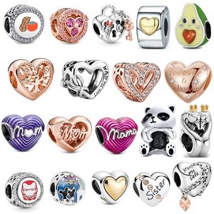 Nowy s925 Sterling Silver Charm Luźne koraliki Okrągły zroszony Love Heart Oryginalne dopasowanie Pandora Bransoletka Panda Wisiorek Klasyczna moda DIY Ladies Mama Biżuteria Prezent