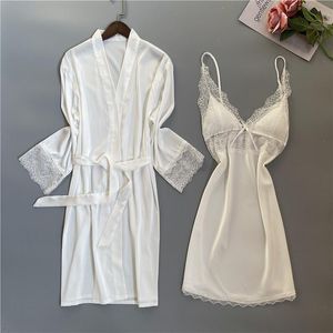 Women's Sleepwear White Lace Bride Bridesmaid Wedding Robe Women Faux Silk Nightgown Kimono Gown Sexy Sleep Set Satin Loose BathrobeWomen's