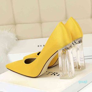 Plus Size Women Block 10cm High Heels Lady Green Satin Pumps Female Wedding Yellow Blue Silk Transparent Shoes