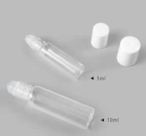 5つの10mlのクリアロール上のガラス瓶の空の香りの香水エッセンシャルオイルのローラーボールのボトル10ml 1/3ozのガラスローラーホワイトプラスチックふたボトルSN4891