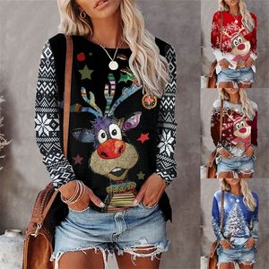 Christmas Vintage O-Neck Long Sleeve T Shirt Women Autumn Winter Top Flower Deer Tree Print Casual Y2k Clothes T-shirt 220321