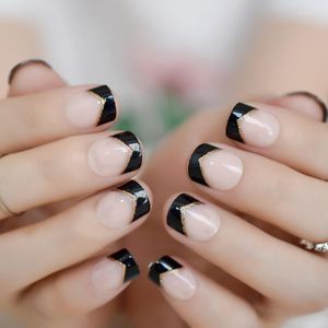 False Nails 24 Pieces Short Nail Art Tips French Sindy With Black Border Elegant Full Cover Fake Prud22