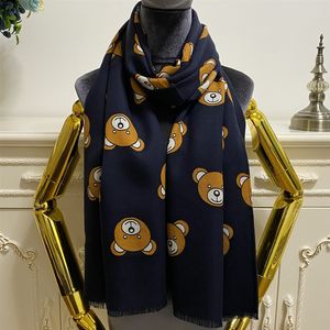 Langer Damenschal, Pashmina-Schal, 100 % Wollmaterial, weich und warm, mit Buchstaben und Bärenmuster, Größe 180–65 cm