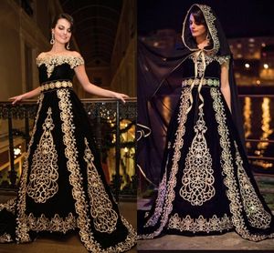 Black Velvet Moroccan Caftan Evening Dresses With Cloak gold lace Embroidery Crystal Prom Gowns karakou algerien