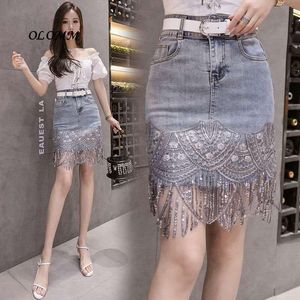 Skirts Belt For Free Tassel Sequin Denim Skirt High Waist Elastic Slim Wrap Hip Streetwear Alternative Fashion Korean JapanSkirts